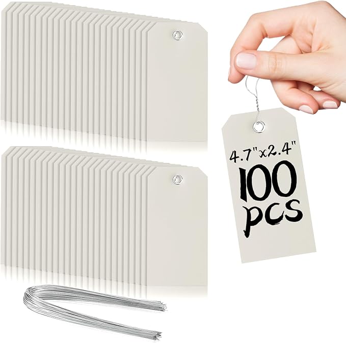 100 Pieces Plastic Shipping Tags with Wires Blank Labeling Tags Waterproof Hang Tags with Reinforcement Hole Durable Wire Tags Labels Stacking Tags for Equipment Parts (Grey, 4 3/4" x 2 3/8")
