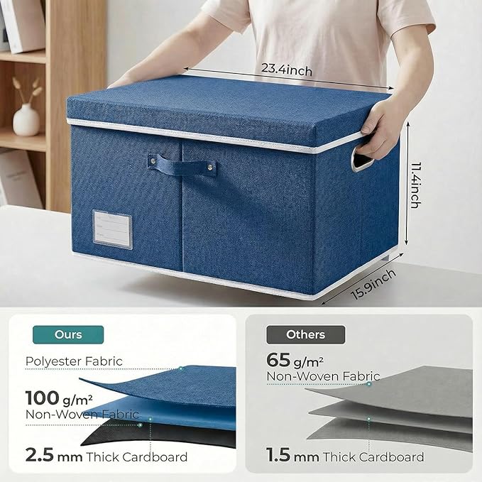 PRANDOM Storage Bins with Lids [3-Pack] Linen Fabric Foldable Storage Boxes Organizer Containers Baskets Cube with Cover for Bedroom Closet Office Royal Blue(23.4X15.9X11.4)