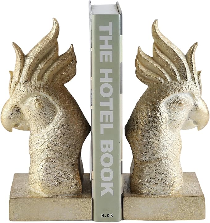 JOOMBE Golden Parrot Decorative Bookends,Set of 2 Cute Bird Animal Sculpture Book Ends to Hold Hevay Duty Books,Unique Resin Statues Book Stopper for Home Office Desk Bookshelf Decor