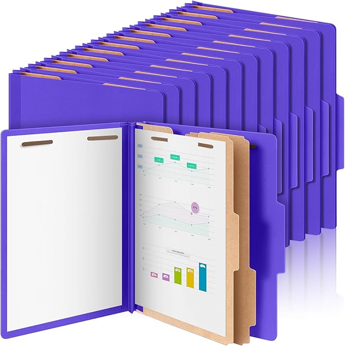 Skyygemm 60 Pcs Classification Folders Letter Size, 2 Divider Pressboard File Folders with 3. 5 Inch Expansion, 2 Prongs Fastener, Heavy Duty Office File Organizers for Teachers, Medical (Purple)