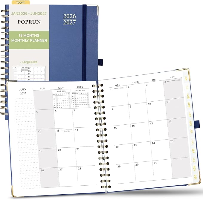 POPRUN Monthly Planner 2026-2027 Spiral Hardcover (8'' x 10''), 18 Months Calendar (Jan.2026-Jun.2027) - 2 Pages per Month with Dotted Note Pages, Sunday Start, Laminated Tab - Navy Blue