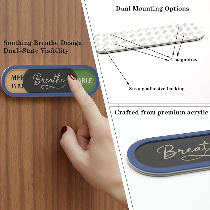 In a Meeting Office Door Sign with Slider - "Breathe" Offices Status Indicator (Meeting in Progress/Available), Adhesive Back & Extra Magnets, Acrylic Privacy Sign for Home Office, Studios & Workspaces