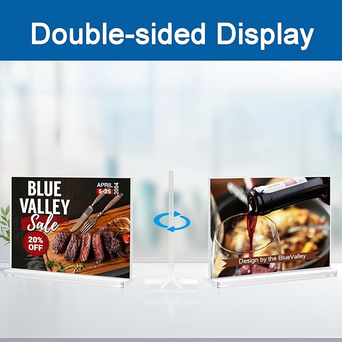 BlueValley Clear Plastic Flyer Sign Holder 8.5 x 11 Standing, 6Pack Horizontal Table Top Acrylic Brochure Menu Signs Holder, Double Sided Plexi Picture Photo Frame Lucite Paper Display Stand for Office Retail Vendor Show Fairs
