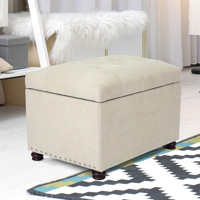 Decent Home 24" Storage Ottoman, Fabric Ottoman Foot Rest Stool with Hinged Lid, Tufted Rectangle Upholstered Footstool, Load Up to 350 lb, for Living Room, Bedroom, Dorm, Beige