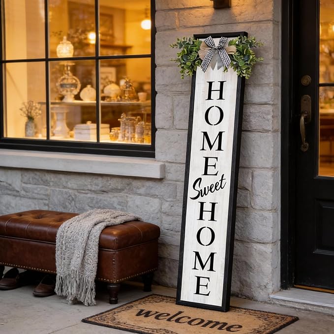 Double-sided Welcome Wooden Sign Stand with Magnetic-adhesive Wreath for Front Door, 47" Vertical Farmhouse Home Sweet Home Porch Sign, 2in1 Large Tall Porch Leaner Decor for Outdoor Patio Garden