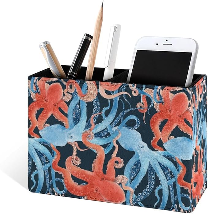 Famame Blue Red Octopus Pattern Pencil Holder for Desk, Leather Desktop Container Pen Cup Storage Study Table Pen Organizer Makeup Brushes Holder for Office Home