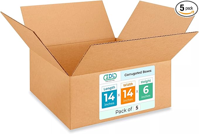 Medium Moving & Shipping Boxes 14 x 14 x 6 inches (5-Pack) - Extra Strength 200 lb vs Regular - Corrugated Strong Boxes for Packaging - Moving Cardboard Box - Corrugated Box by IDL Packaging