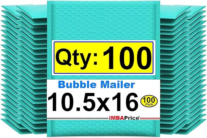 iMBAPrice 10.5x16 Inches Teal Color Polybubble Bag, 100-Pack Large Size #5 Self Seal Poly Bubble Mailers Padded Packing Envelopes (Total 100 Bags)