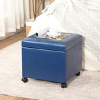 Homebeez Faux Leather Storage Ottoman with Steerable Rolling Wheels, 17.7" Square Small Foot Rest Stool Tufted Cube Footstool with Hinged Lid, Load 300 lb, for Living Room, Bedroom, Entryway, Blue