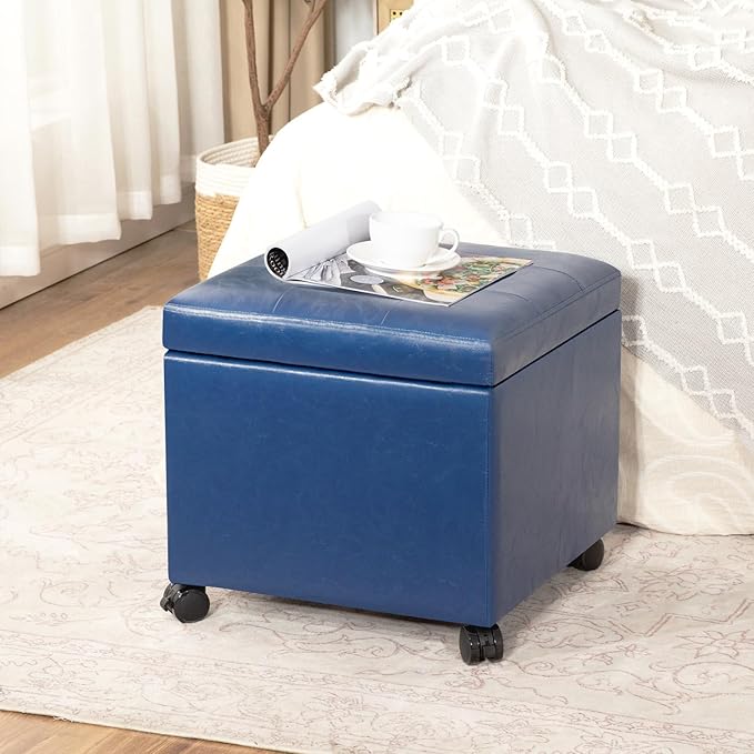 Homebeez Faux Leather Storage Ottoman with Steerable Rolling Wheels, 17.7" Square Small Foot Rest Stool Tufted Cube Footstool with Hinged Lid, Load 300 lb, for Living Room, Bedroom, Entryway, Blue