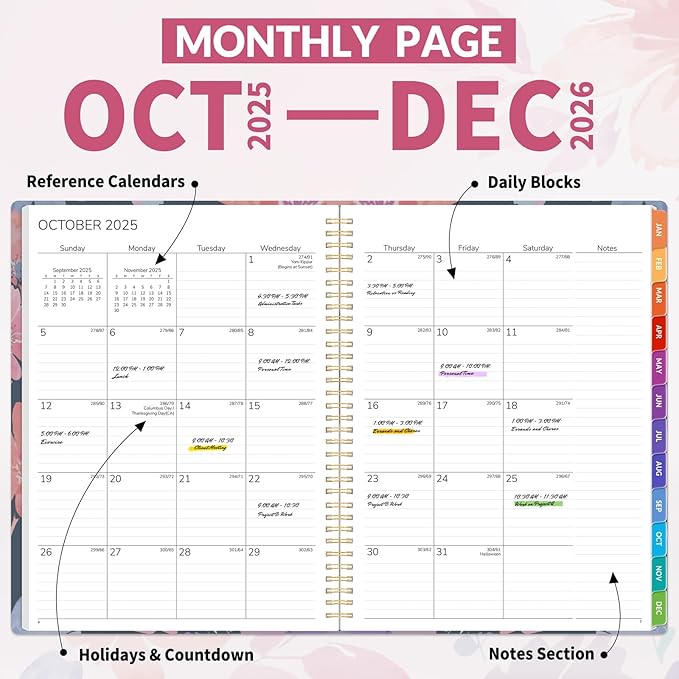 GNL 2026 Planner, Weekly and Monthly Planner (January - December 2026), 8.5" x 11" Monthly Agenda Planner with Waterproof Flexible Cover, Spiral Binding Notebook with Tab, Pockets, Bookmark, Floral