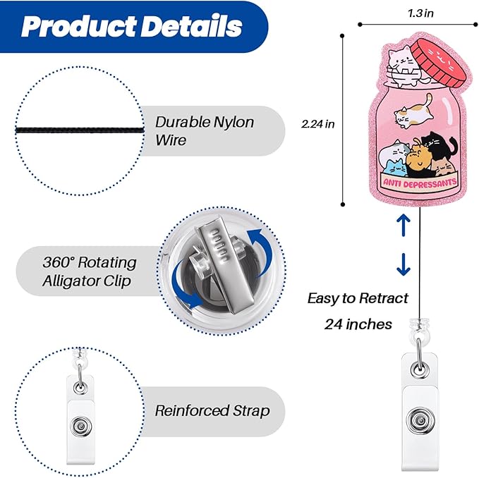 Anti Depressants Funny Cat Nurse Badge Reel, Cute Pink Retractable ID Card Badge Holder with Alligator Clip, Name Tag Medical Badge Buddy for Nurse Psychiatrist Psychotherapist Medical Staff Cat Lover