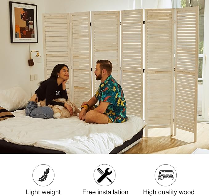 White Room Divider, Temporary Wall with Double Hinges, 5.6 Ft Tall Folding Louver Wood Screen for Home Office Bedroom Hotel Decoration (6 Panels, White-Washed)