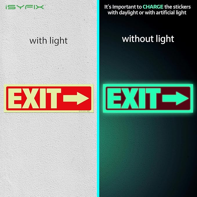 iSYFIX Exit Stickers Signs with Directional Right Arrow 6 Pack 12x4 Inch - Glow in the Dark Photoluminescent Vinyl for Office, School, Business, Warehouse - UV & Weather Resistant for Indoor/Outdoor Use