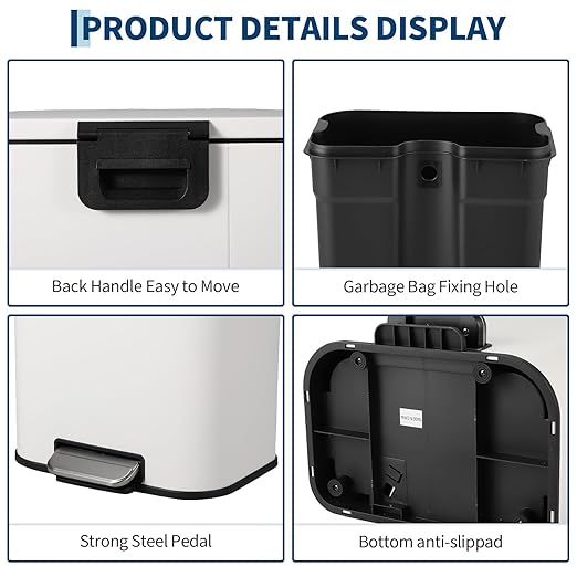 Takywep 8 Gallon Brushed Stainless Steel Trash Can with Soft-Close Lid, 3.2/5.3/8/13.2 Gallon Smudge-Resistant Compact Garbage Bin for Kitchen, Bathroom, Office - Black & White