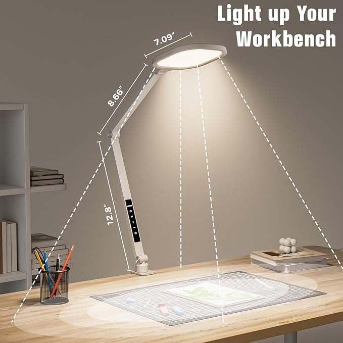 LitONES LED Desk Lamp for Home Office, 15W Desk Light with C- Clamp, Swing Arm, Memory & Timer Function, 1200LM Dimmable Computer Light for Video Calls, Conference, Study (White-Clamp)