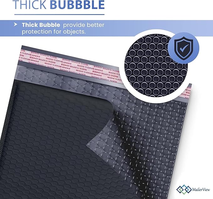 MAILERVIEW Black Small Bubble Mailers 4x8 Inch #000 | Thick Padded Poly Bubble Mailer Envelopes | 500 Pack Bulk | Trading Card Sports Card Shipping Made In USA
