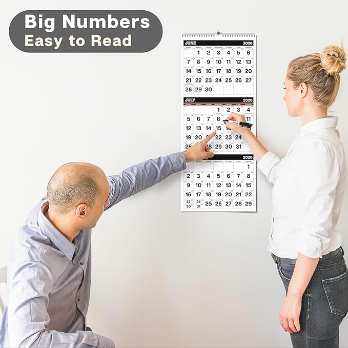 Dunwell 3-Month Wall Calendar 2026, Large Monthly Hanging Calendar with Big Bold Numbers, Easy to Read from a Distance, Use to Dec 2026, For Office or Home, 11x26 Open, Ships Folded
