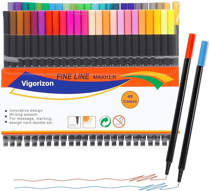 Vigorizon Fine Line Marker Pens - 48 Vibrant Colors, Fineliner Pens Fine0.4mm Ultra-Smooth Writing for Art, Design, Note-Taking & Doodling and Office Supplies