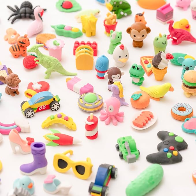 CLOCK KING 90pcs 3D Cute Kids Erasers, Random Desktop Pet Toys Gifts, Classroom Rewards Kids Party Gifts, Various Styles Such as Animals, Food, Plants, Space, Princess, Sports, Halloween, Christmas