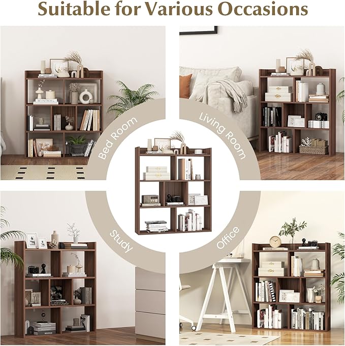 Giantex 7 Cube Bookshelf, Free-Standing Wooden Bookcase, 4 Tier Home Display Shelf, Horizontal Storage Unit w/Anti-Toppling Devices, Open-Back Display Rack for Study, Bedroom, Living Room, Walnut