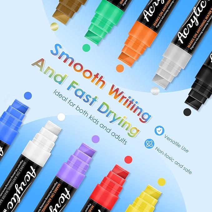 Jesew Acrylic Paint Markers, 10 Jumbo Colored Markers, 15mm Jumbo Felt Tip, Waterproof and Permanent Ink Paint Pens for Rock Painting, Stone, Ceramic, Glass, Wood, Canvas, Outdoor Paintings,Signs