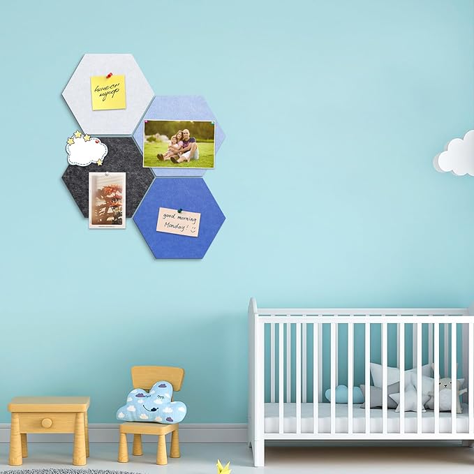 Uoisaiko 12" Large Bulletin Board with 15 Push Pins, Pack of 4 Hexagon Felt Pin Board Notice Boards for Home Office, Felt Wall Tiles for Photos Memos (Blue Grey)