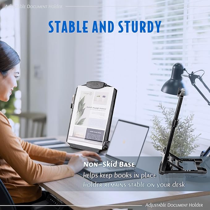 EHO Adjustable Document Holder Bottom with 5mm Shelf Lip, Portable Paper Stand for Reading, Typing, with Clip, Line Guide, Easel Back, for Office, Desktop, Recipes, Music Sheets, paper and more, Black