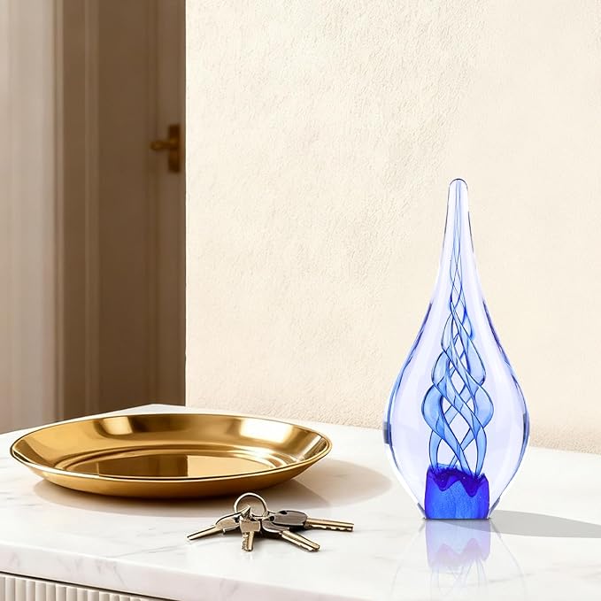 9" Tall Sculpture Hand Blown Glass Decor, Paperweight for Office Desk, Modern Glass Art Figurines Mediterranean Beach House Decor, Living Room Coffee Shelves Table Top Decoration (Swirl Blue)