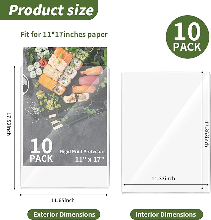 10 Pack 11" x17" Hard Plastics Sheet Protector, Rigid Print Protectors, Clear Waterproof Protectors, Paper Sleeves Photo Plastic Sleeves Hard Plastic Document Holder, Birth Certificate Protector