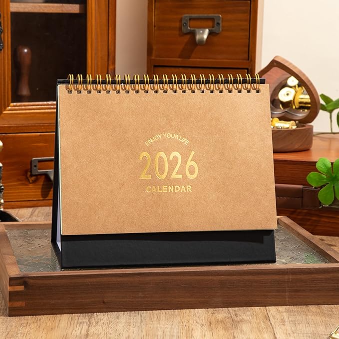 Small Desk Calendar 2026, Standing Flip Desktop Calendar from Now to Dec 2026 - Metal Ring Twin-Wire Binding Monthly Desktop Calendar for Home Office School (kraft paper color)