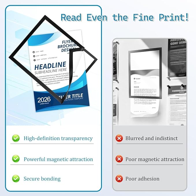 Magnetic Sign Holders 8.5 x 11 in, 8 Pack Clear Display Frames with Strong Magnetic Border, Self-Adhesive for Smooth Surfaces, Wall Mount Tool-Free Document & Poster Holder for Menus, Notices, Photos