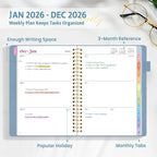 2026 Planner, Annecy Weekly ＆ Monthly Planner 2026, Jan. 2026 – Dec. 2026, 6.4" x 8.5" Monthly Agenda Planner with Tabs, Vegan Leather Cover, Spiral Binding, Double-sided Pocket, Bookmark, Grey Blue