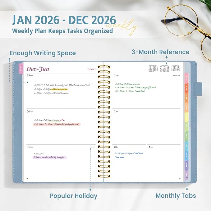 2026 Planner, Annecy Weekly ＆ Monthly Planner 2026, Jan. 2026 – Dec. 2026, 6.4" x 8.5" Monthly Agenda Planner with Tabs, Vegan Leather Cover, Spiral Binding, Double-sided Pocket, Bookmark, Grey Blue