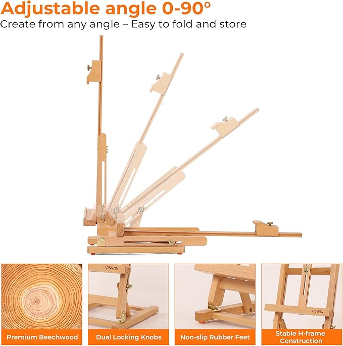 VISWIN 25" H-Frame Tabletop Easel for Painting, Adjustable Beech Wood Table Top Easel, Portable Art Easel for Adults, Artists, Beginners, Holds Canvas up to 15" – Natural