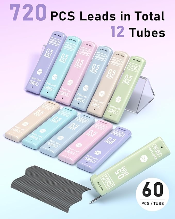 Four Candies 0.5mm Lead Refills in Case, Pack of 720 PCS Black HB #2 Break Resistant Mechanical Pencil Refills, 12 Tubes of 0.5 Lead, 60 Pieces per Tube