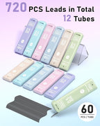 Four Candies 0.5mm Lead Refills in Case, Pack of 720 PCS Black HB #2 Break Resistant Mechanical Pencil Refills, 12 Tubes of 0.5 Lead, 60 Pieces per Tube