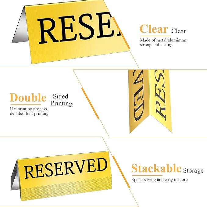 Aemygo 24 Pcs Metal Reserved Table Signs, Golden Table Top Reserved Sign for Restaurants, Double Sided Tent Guest Reservation Table Seat Sign for Wedding, Party, Ceremony, Events(5.91" x 3.15")