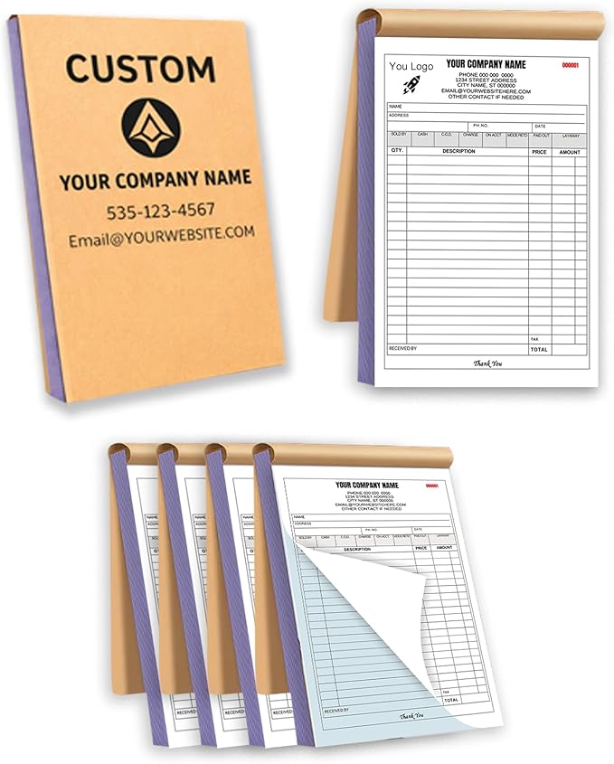Custom Carbonless Invoice Book with Logo, Personalized Cover & Inner Pages, 2 Part NCR Receipt & Work Order Forms, Easy Tear, Writing Shield for Small Business (2-Part [White/Blue], 8.3 x 5.5INCH)