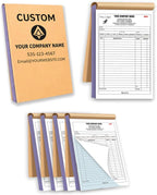 Custom Carbonless Invoice Book with Logo, Personalized Cover & Inner Pages, 2 Part NCR Receipt & Work Order Forms, Easy Tear, Writing Shield for Small Business (2-Part [White/Blue], 8.3 x 5.5INCH)