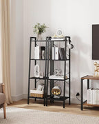 Hzuaneri Ladder Shelf, Bookshelf Bookcase, Freestanding Corner Storage Shelve with 2 Hooks for Home Office, Living Room, Kitchen, Bedroom, Industrial, 11.8" D x 13.4" W x 47.2" H, Black BC13204B