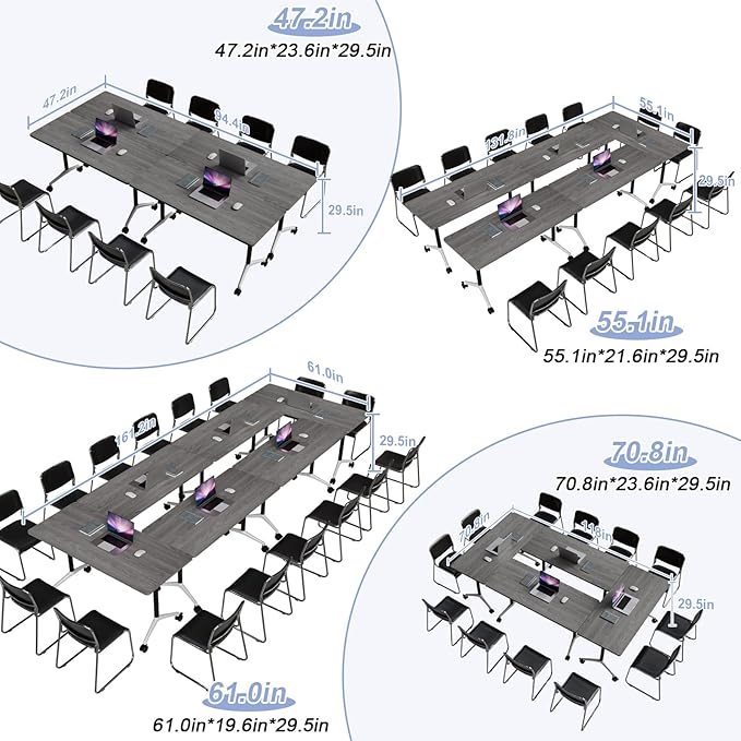 Conference Table Flip Top Mobile Conference Room Tables,Folding Conference Table with Wheels,Large Meeting Training Seminar Table Saving Space for Office Classroom(12C,55.1'')