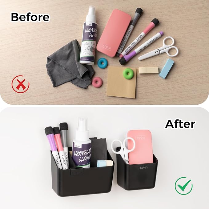 loukin Magnetic & Adhesive Dry Erase Marker Holder with Divider, 1 Small + 1 Mini, Magnetic Storage Organizer for Whiteboard or Refrigerators (Black)