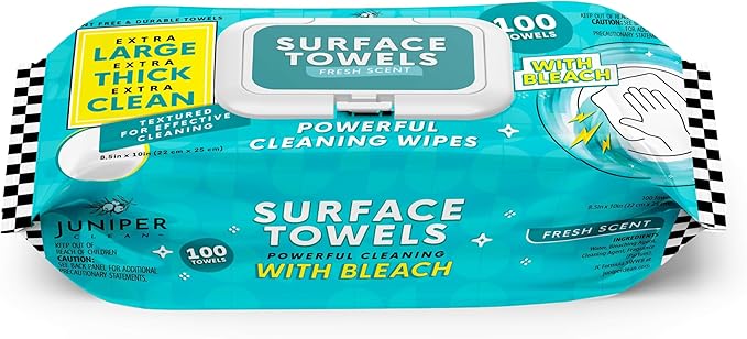 Juniper CLEAN Single Surface Wipes with Bleach, Thick & Large Dispose, All-Purpose Cleaner for Bathroom, Kitchen, Office, 100 Count Soft Flow, Biodegradable, Fresh Scent