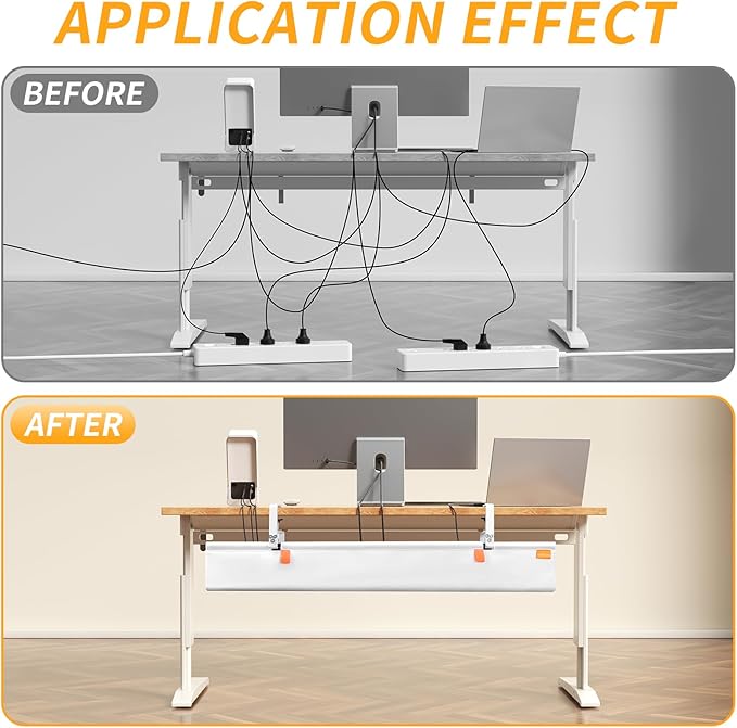 SUREUP9 No Drill Under Desk Cable Management Tray, 36" Cord Organizer with Clamp, Fabric Cable Management for Standing Desks, Ideal for Home & Office - White