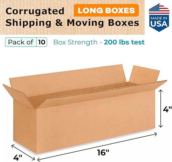 Long Moving & Shipping Boxes 16x4x4 inches (10-Pack) - Extra Strength 200 lb vs Regular - Corrugated Moving Boxes for USPS/UPS&FEDEX - Box for Packaging Moving - Packing Box by IDL Packaging
