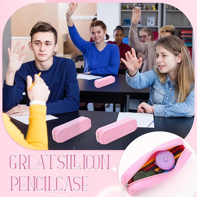 Feifeiya 8 Pcs Silicone Pencil Case Pen Zipper Pouch Bags Aesthetic Back to School Gifts Stationery Travel Toiletry Makeup Coin Organizer Waterproof Valentines Galentines Party Favors (Pink)