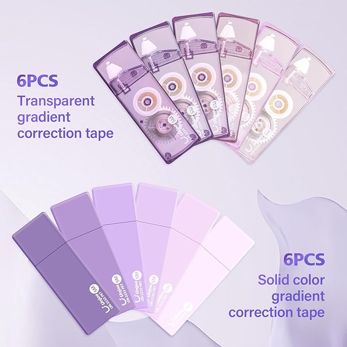 Unjoo White Correction Tape, Easy To Use Cute Applicator for Instant Corrections, For school, Office Workers (Gradient Purple, 5M/196" x 0.2",12pack)