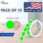 Perco Fluorescent Green 1-Inch Perforated Circle Dot Sticker Labels — 10 Rolls, 10,000 Round Stickers — with Permanent Adhesive for Inventory Management, Color Coding, Garage Sales, Crafts—Made in USA