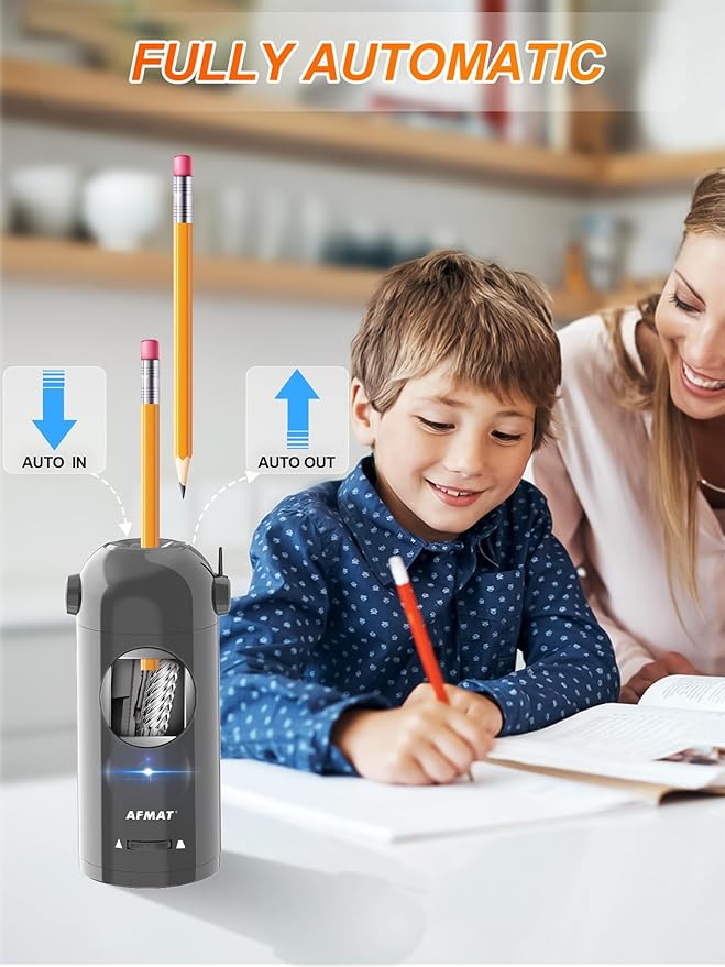 AFMAT Electric Pencil Sharpener, Fully Automatic Pencil Sharpener for 7-11.5mm Colored/Jumbo Pencils, Auto in & Out, Rechargeable Hands-Free Pencil Sharpeners for Classroom Home Office PSX5, Gray